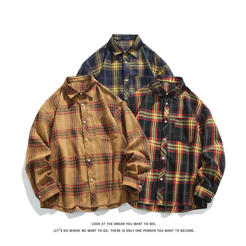 港风复古格子长袖衬衫男女中性衬衣外套C2214-P30【特价】，男装衬衫，电商A007-1