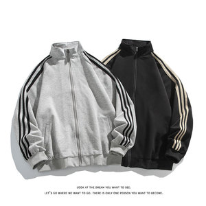 拼色三条杠撞色开衫卫衣大码宽松休闲立领外套W4602-P52【特价】，女装短外套，电商A007-1