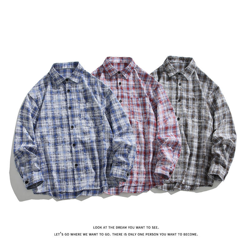 潮流复古扎染格子大码宽松长袖衬衫内搭外套C2204-P40【特价】，男装衬衫，电商A007-1
