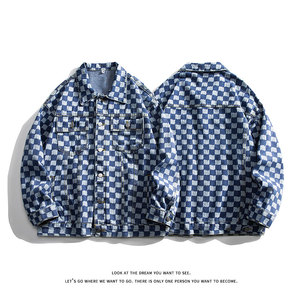 休闲大码宽松棋盘格男女拼色牛仔外套夹克J3736-P57【特价】，男装工装外套，电商A007-1
