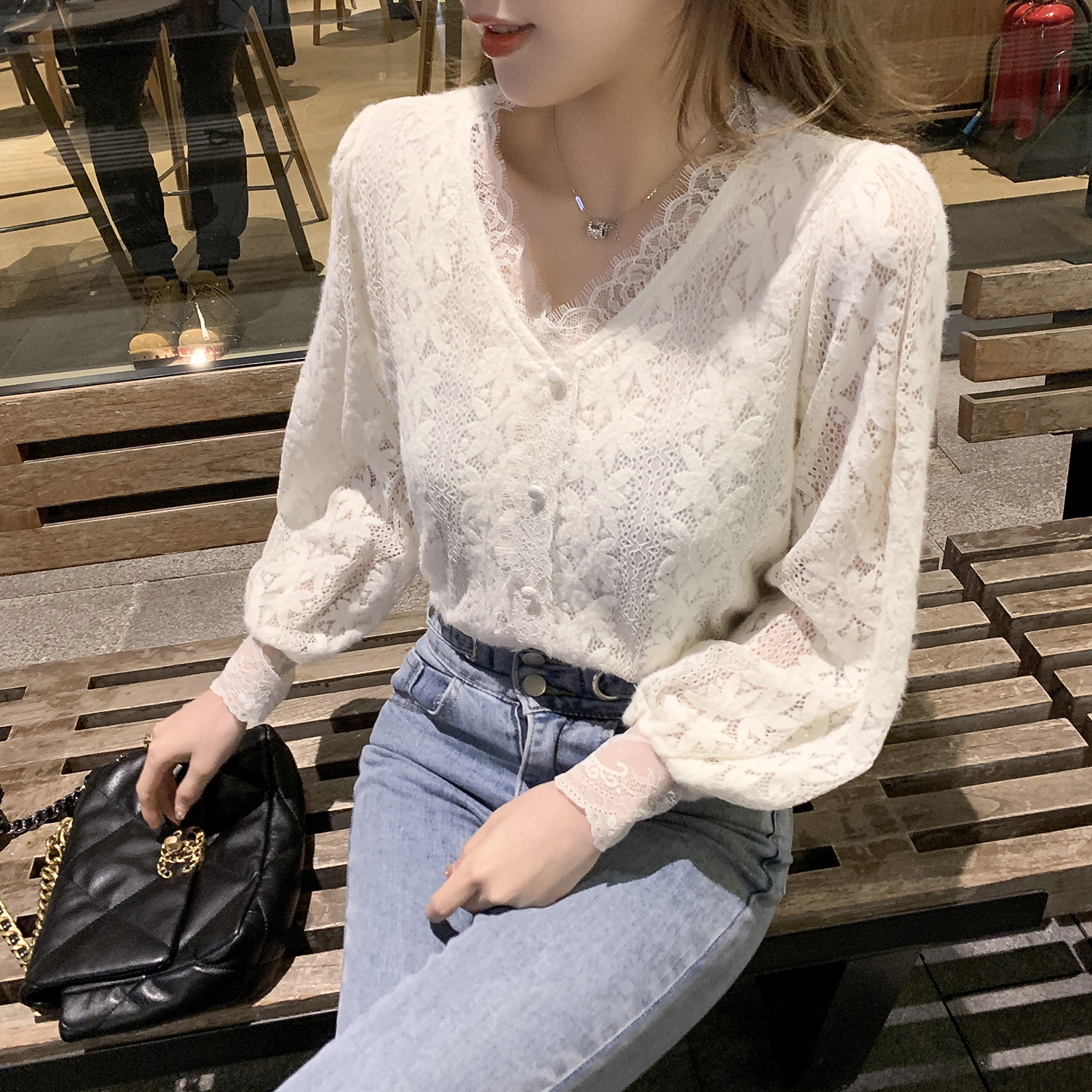 Korean Vintage V-neck lace top