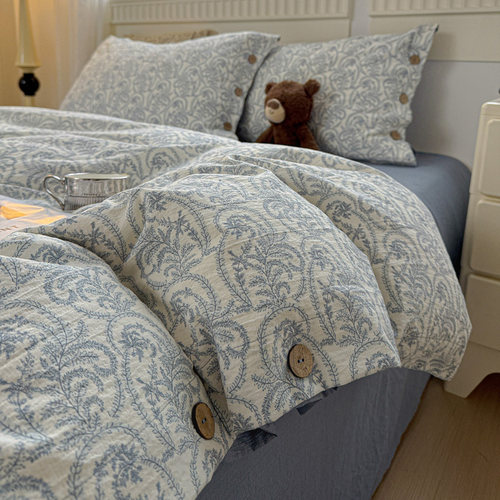 超柔亚麻棉麻纽扣床上四件套非全棉纯棉床单被套学生宿舍三4