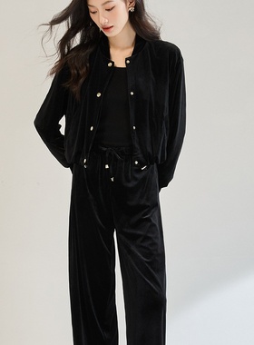 25秋季新款天鹅绒丝绒飞行员夹克外套+休闲长裤套装18976+18977