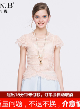 HONB红贝缇夏季新款蕾丝花边短袖上衣修身显瘦雪纺衫女 DMQC