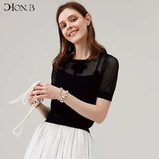 圆领针织 HONB红贝缇夏季 新款 纯色女上衣薄款 性感镂空两件套短袖