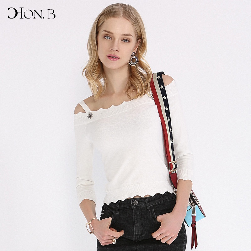 HONB红贝缇露肩一字领上衣女T恤夏七分袖修身套头打底衫 zg