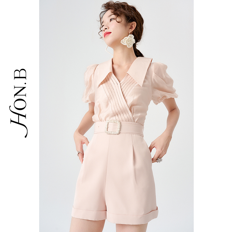 HONB红贝缇商场同款繁花肆意2022夏翻脸系腰带优雅气质短款连体裤