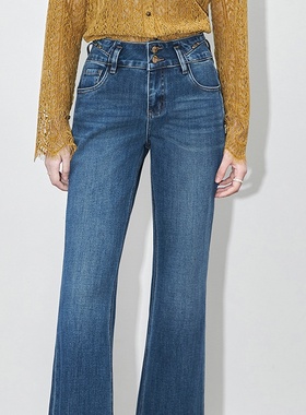 2512206-超JUE版型时髦洗水蓝色高腰微喇牛仔长裤修身显瘦喇叭裤