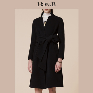 大衣女 系腰带修身 HONB红贝缇立领OL双面呢大衣女新款 中长款