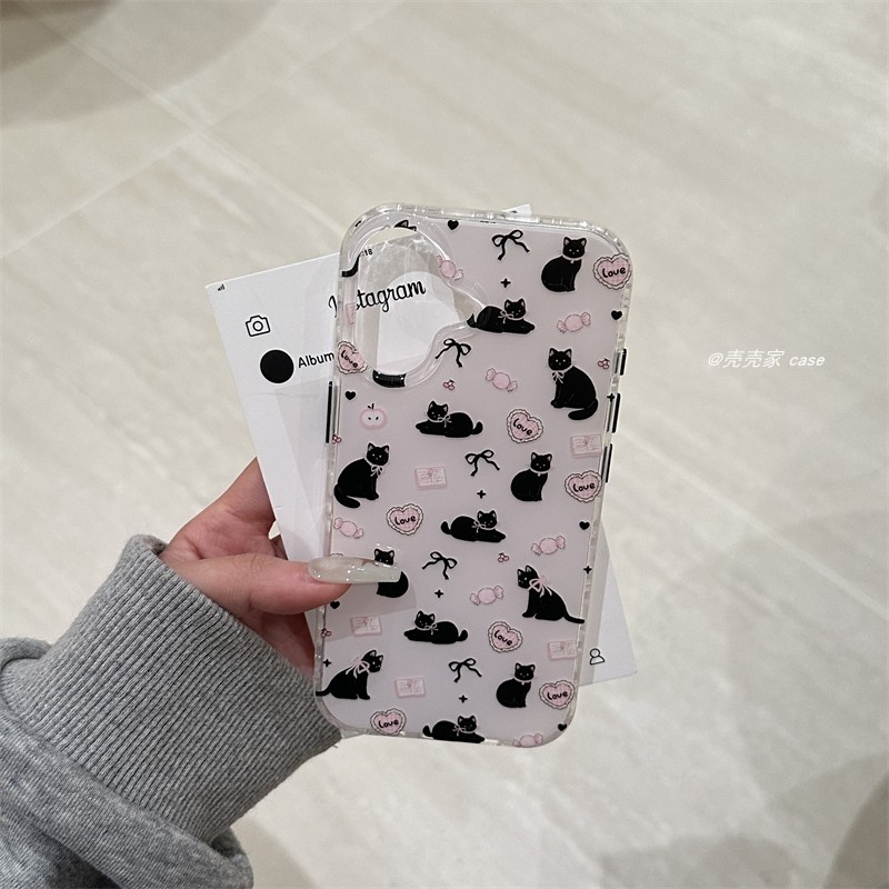ins风粉色爱心糖果蝴蝶结小黑猫适用苹果16promax手机壳可爱iphone13软萌少女15pro全包14个性链条16