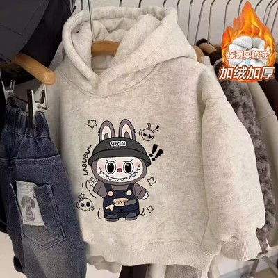 儿童秋冬新款纯棉卫衣男童卡通拉布布连帽上衣女童纯色奥粒绒冬装