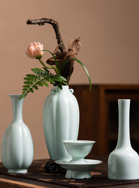 中式插花器皿影青仿宋瓜棱瓷瓶禅意水培插花花器陶瓷花瓶宋式复古