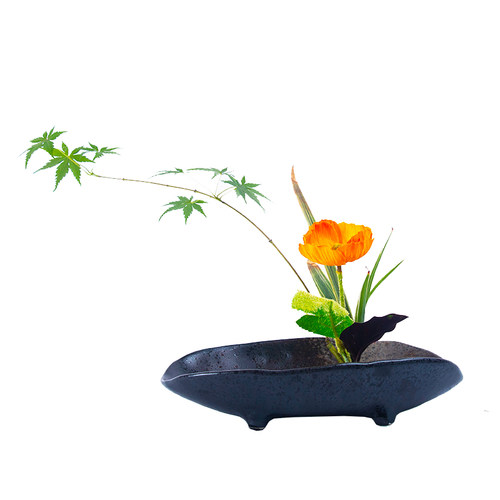 剑山插花器长方形插花器皿船型陶瓷花盘黑色盘日式小中式禅意一皿