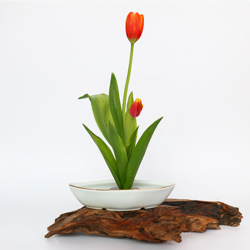 小原流花道插花器教学花器天使金色描边菱形精致素雅器皿家居花盘