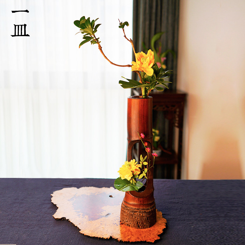 竹筒花器插花禅意中式竹制花瓶器皿中华花艺高复古日式剑山插花器