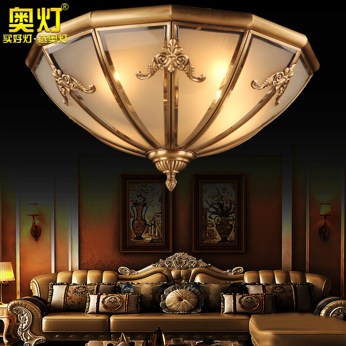 欧式led吸顶灯全铜灯具美式书房灯温馨卧室灯房间灯圆形灯6011