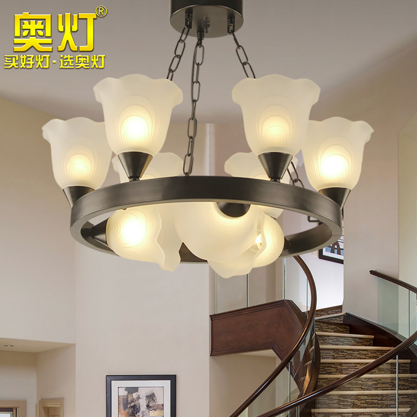 奥灯美式乡村大气吊灯简约餐厅卧室客厅吊灯复古铁艺田园吊灯9428