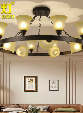 奥灯美式乡村复古吊灯客厅别墅简约欧式吊灯黑色卧室餐厅灯具9482