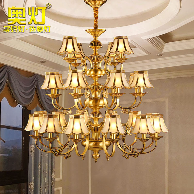 奥灯美式三层全铜大吊灯复式楼梯别墅酒店客厅大气复古铜灯8888