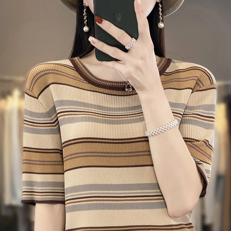 羊毛薄款春条纹针织衫女短袖圆领套头宽松通勤风减龄显瘦透气上衣