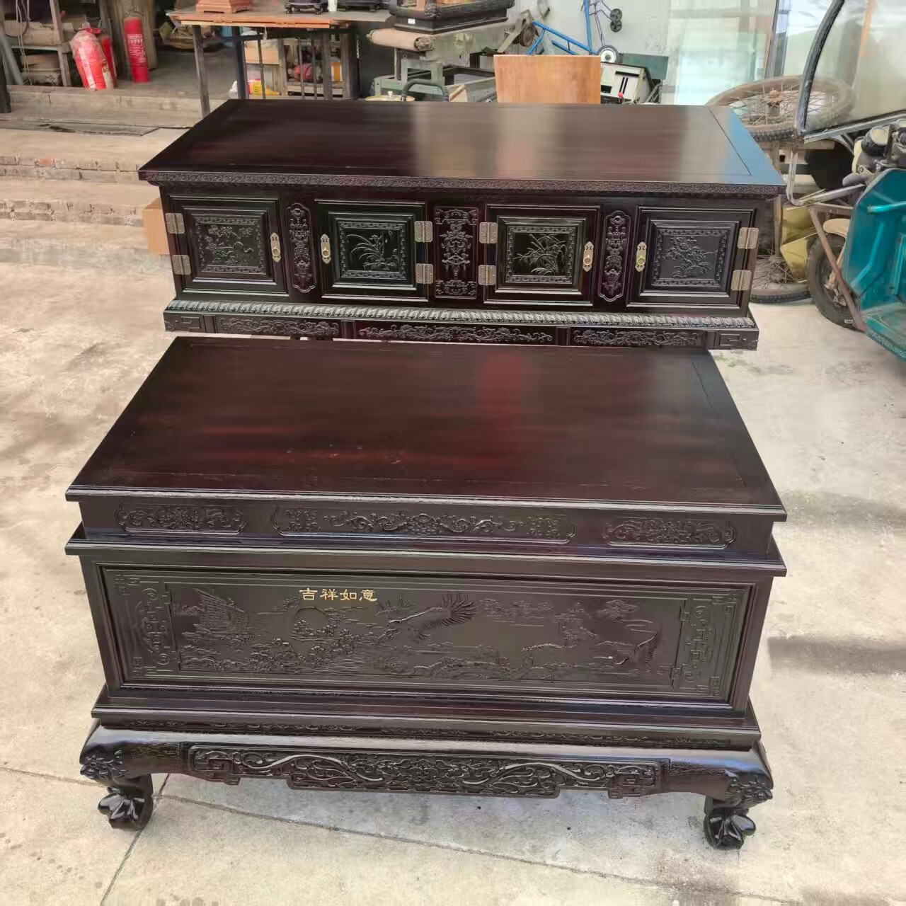 实木古董三面雕花底座定制开关柜门摆件展示设计古兽经典款工艺品