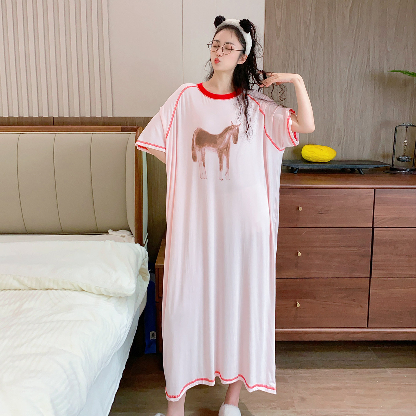 加长睡裙短袖夏季薄款休闲小马睡衣女大码胖MM莫代尔人棉孕妇睡裙