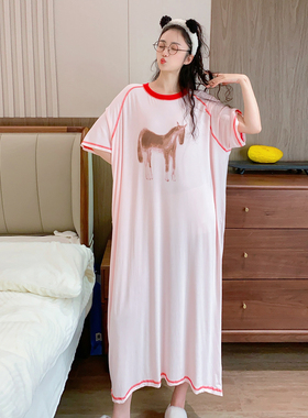 加长睡裙短袖夏季薄款休闲小马睡衣女大码胖MM莫代尔人棉孕妇睡裙