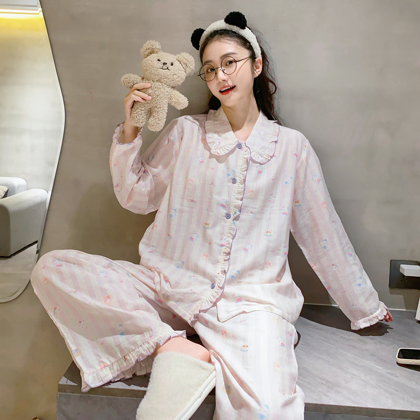 翻领棉纱长袖睡衣女秋季薄款