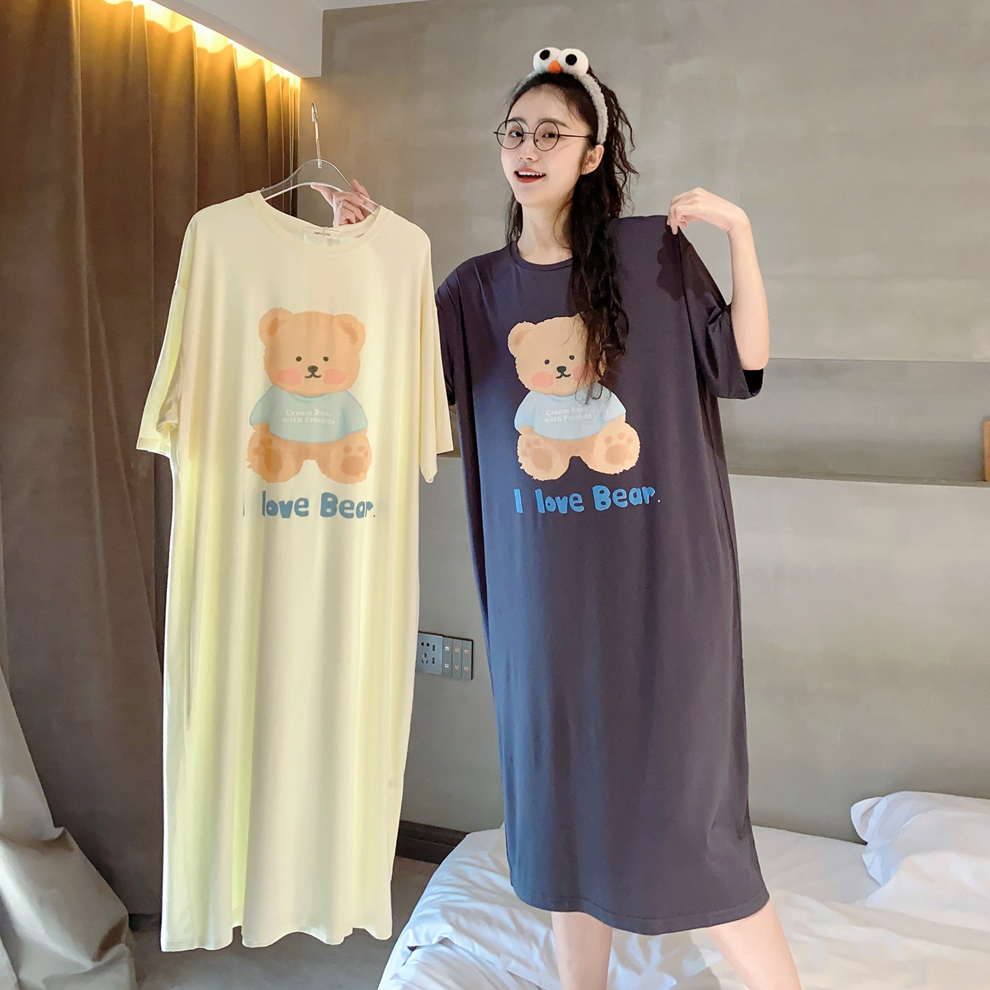 轻薄款~莫代尔短袖睡裙夏季睡衣女宽松休闲可爱小熊韩版过膝睡裙