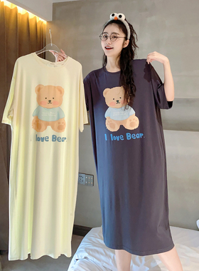 轻薄款~莫代尔短袖睡裙夏季睡衣女宽松休闲可爱小熊韩版过膝睡裙
