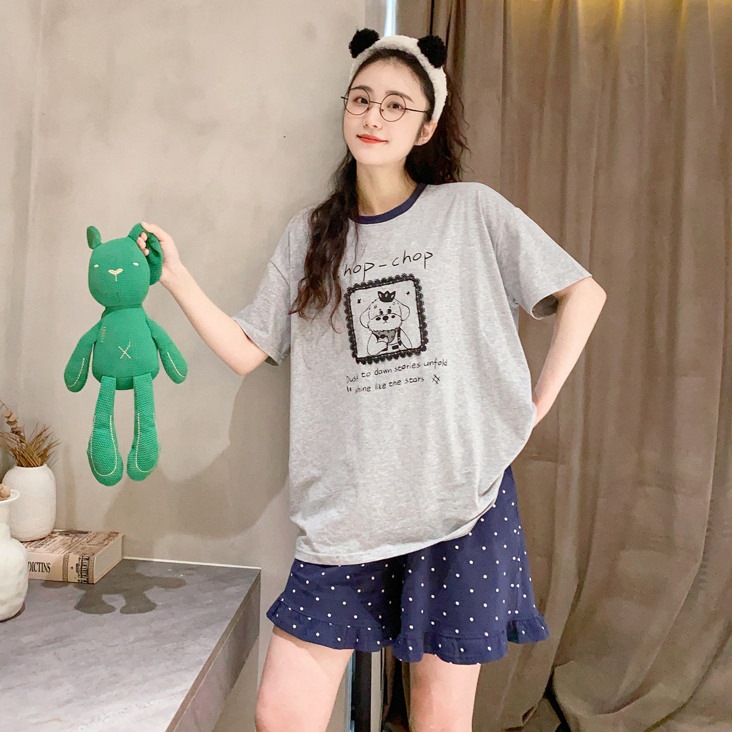 蕾丝卡通短袖短裤睡衣女夏季纯棉薄款宽松大码可外穿韩版家居服