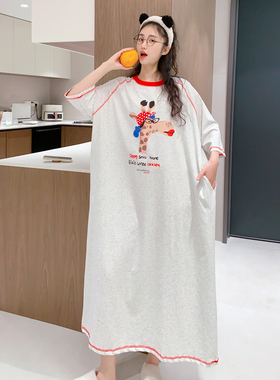 超长睡裙短袖夏季纯棉薄款大码胖MM睡衣女可爱长颈鹿孕妇睡裙长款