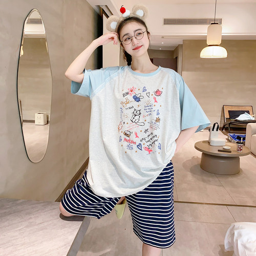 涂鸦卡通睡衣女夏季纯棉短袖短裤休闲宽松特大码胖MM家居服可外穿