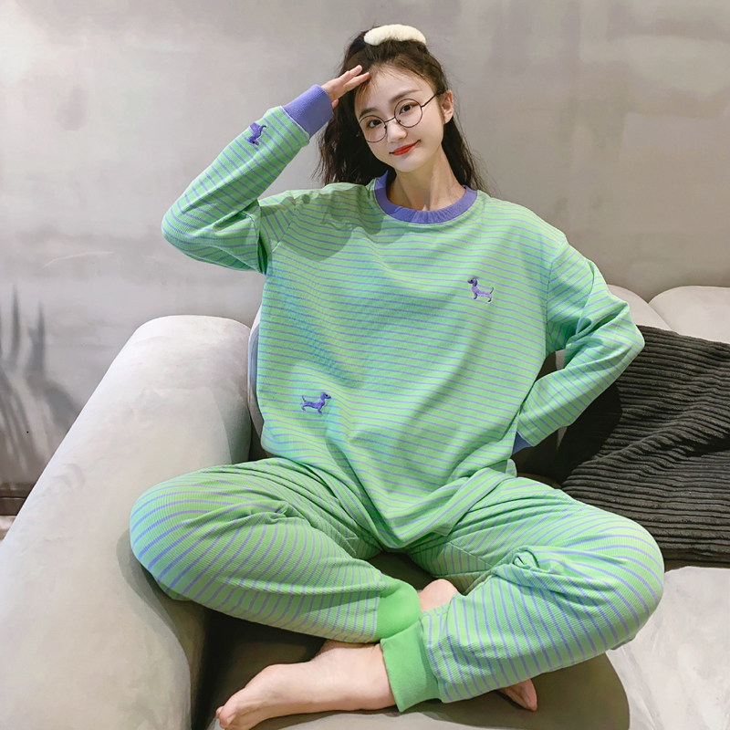 纯棉条纹长袖女睡衣休闲春秋季
