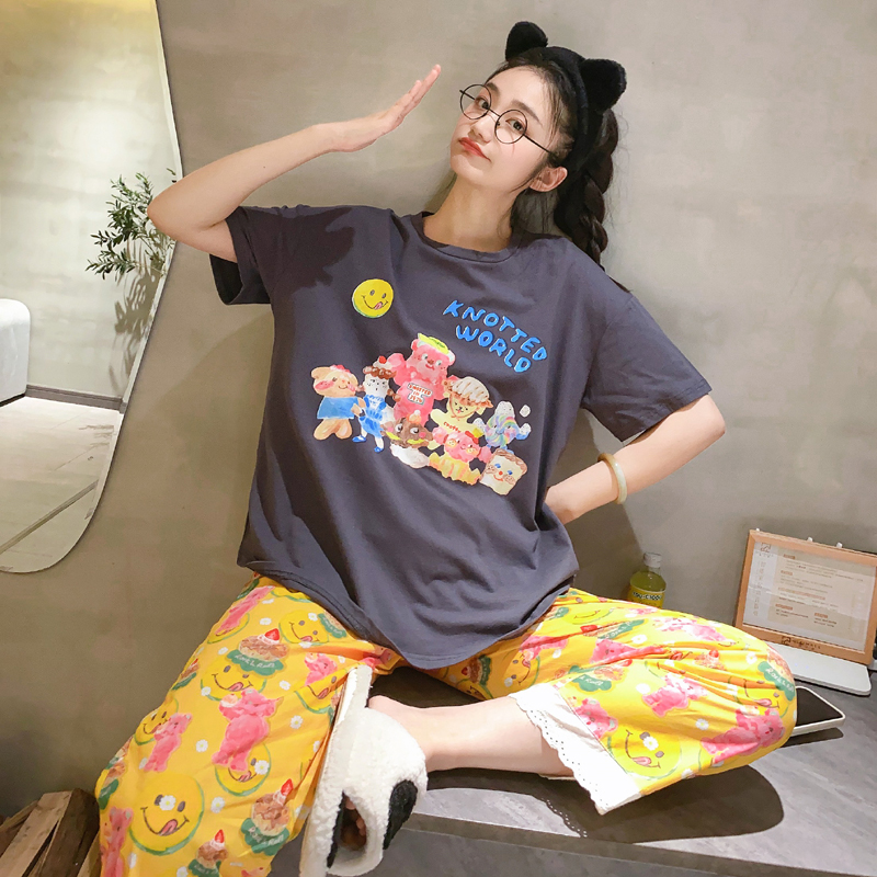 女纯棉休闲睡衣夏季短袖