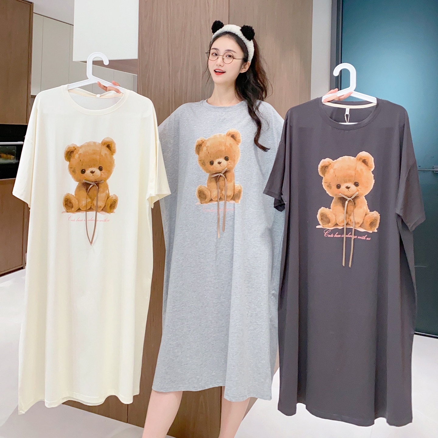韩版小熊睡裙短袖夏纯棉中长款过膝可爱宽松大码胖MM睡衣孕妇睡裙,女士内衣/男士内衣/家居服,睡裙,淘宝优惠券,粉丝福利购,淘宝优惠卷