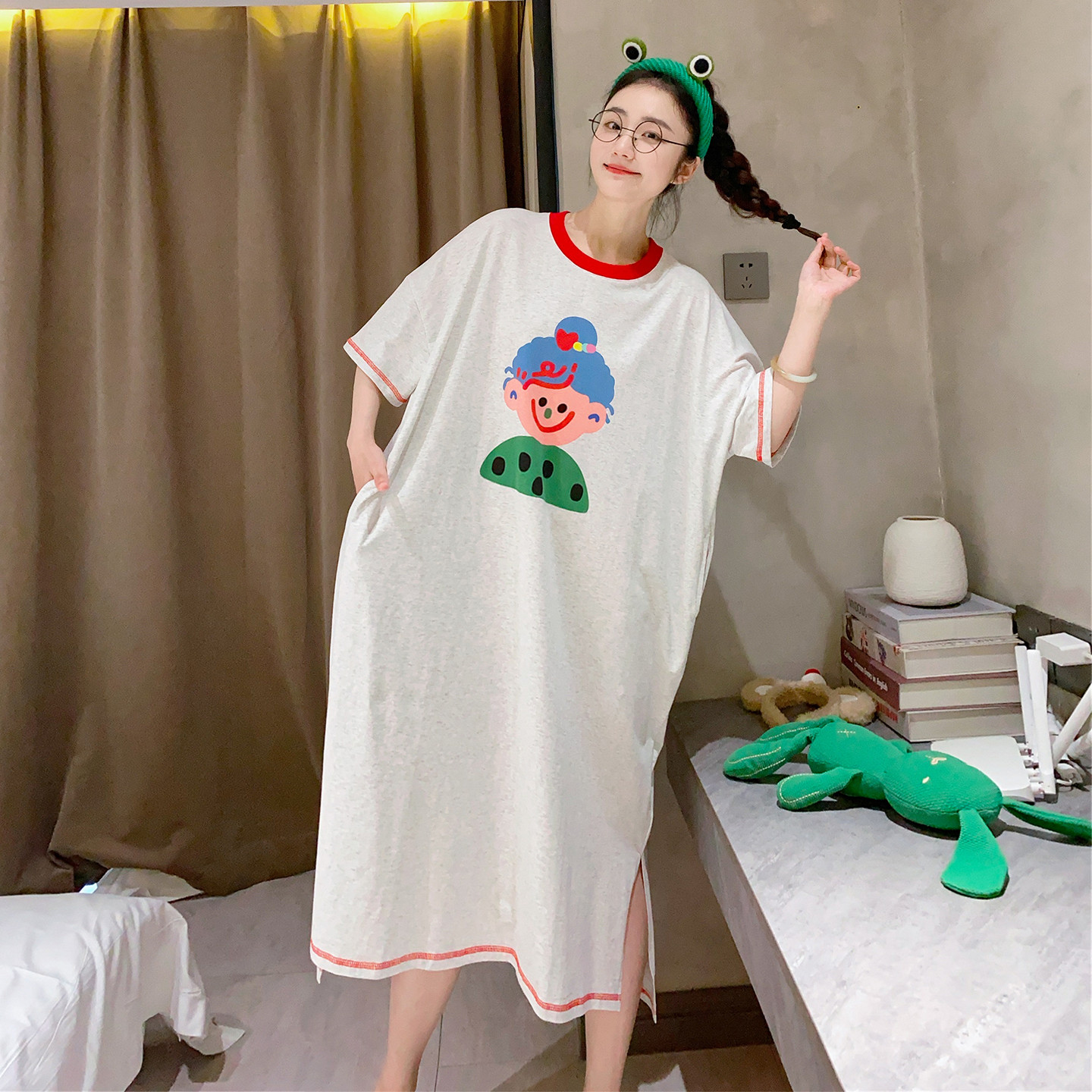 加长睡裙短袖纯棉夏季薄款大码胖MM睡衣女韩版可爱女孩孕妇睡裙