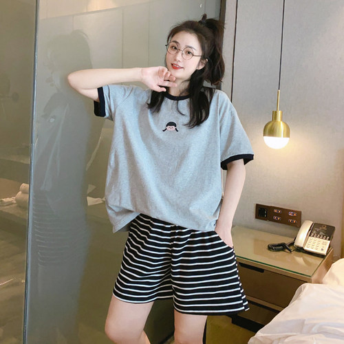 女纯棉休闲睡衣短袖短裤可外穿