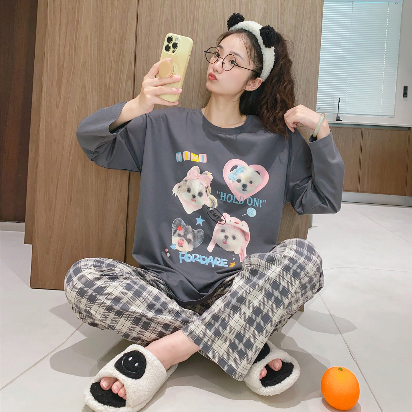 可爱小狗薄款长袖睡衣女春秋季宽松休闲韩版卡通格子裤家居服套装