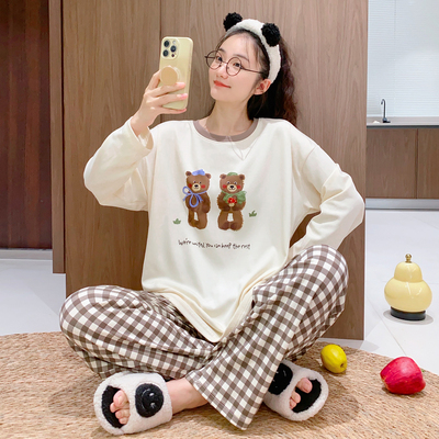 加厚纯棉可爱小熊长袖睡衣女