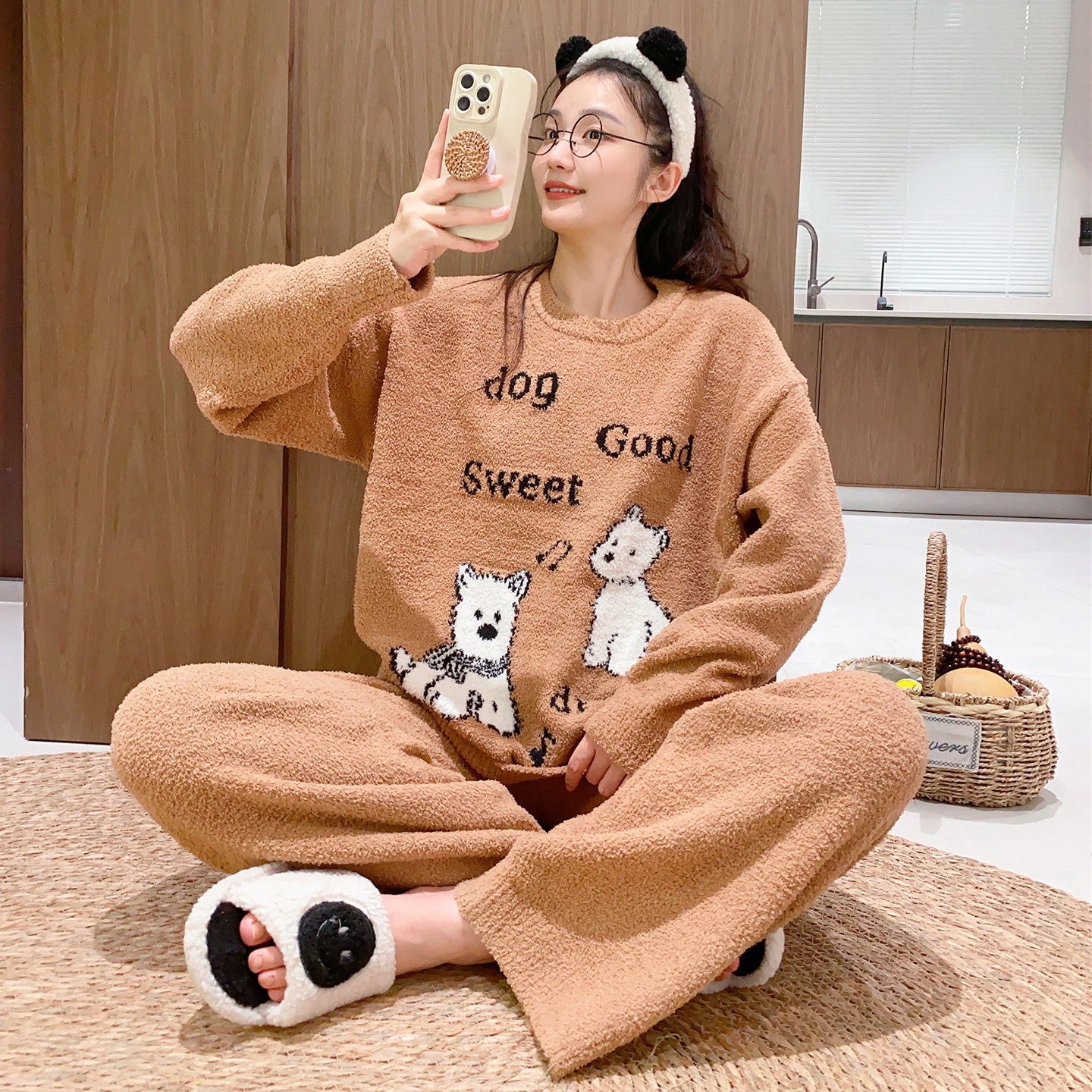 睡衣女冬季加厚保暖半边绒家居服