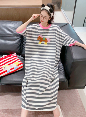 加长款睡裙短袖纯棉宽松大码胖MM家居服女条纹卡通可外穿睡裙及踝