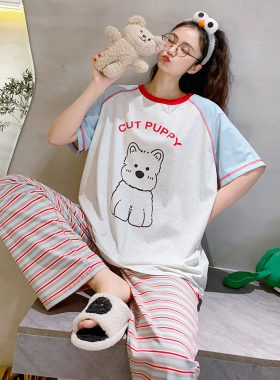 韩版可爱小狗春夏季睡衣女纯棉薄款短袖长裤短裤睡裙休闲家居服