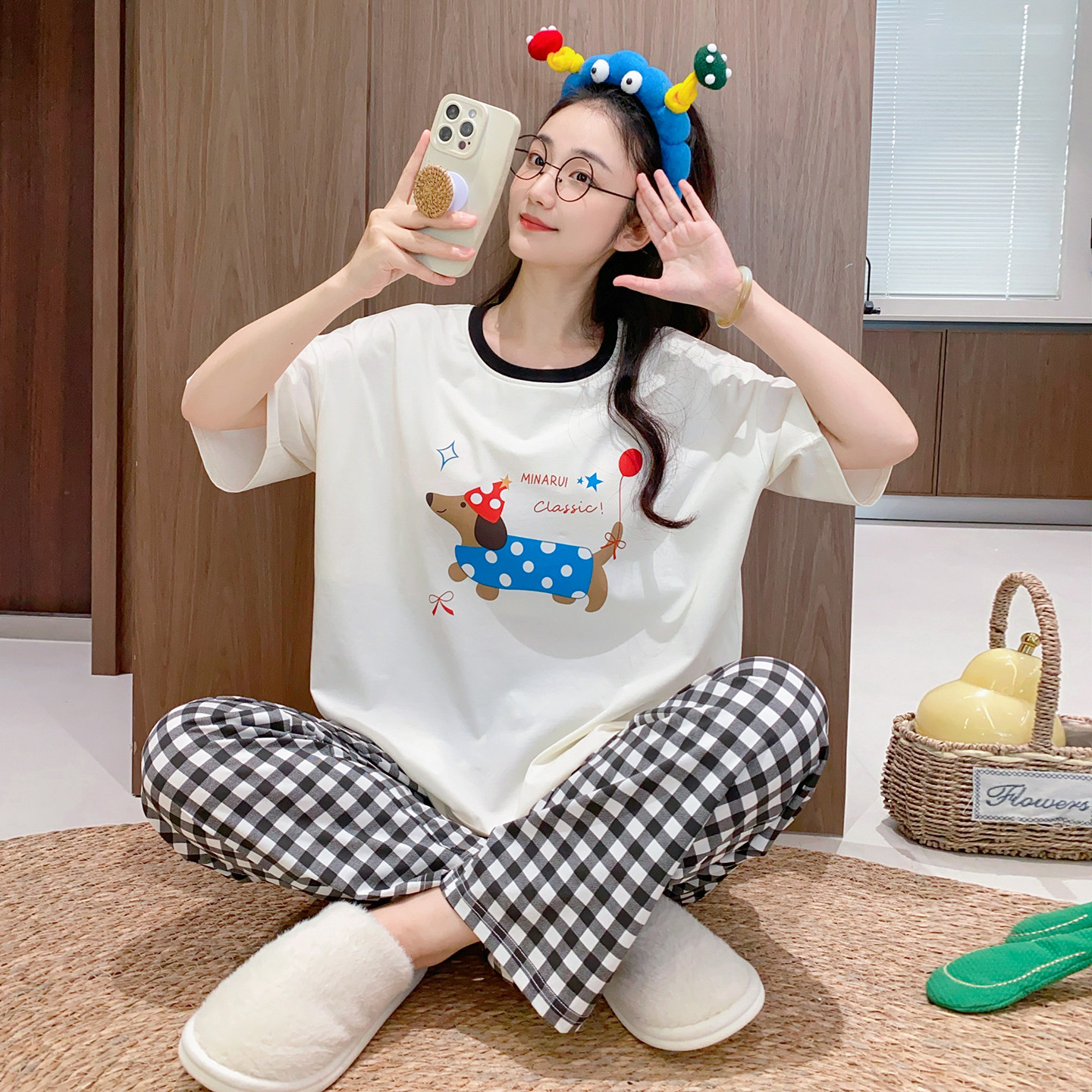 胸垫款~短袖长裤睡衣女春夏季纯棉薄款宽松休闲韩版小狗家居服