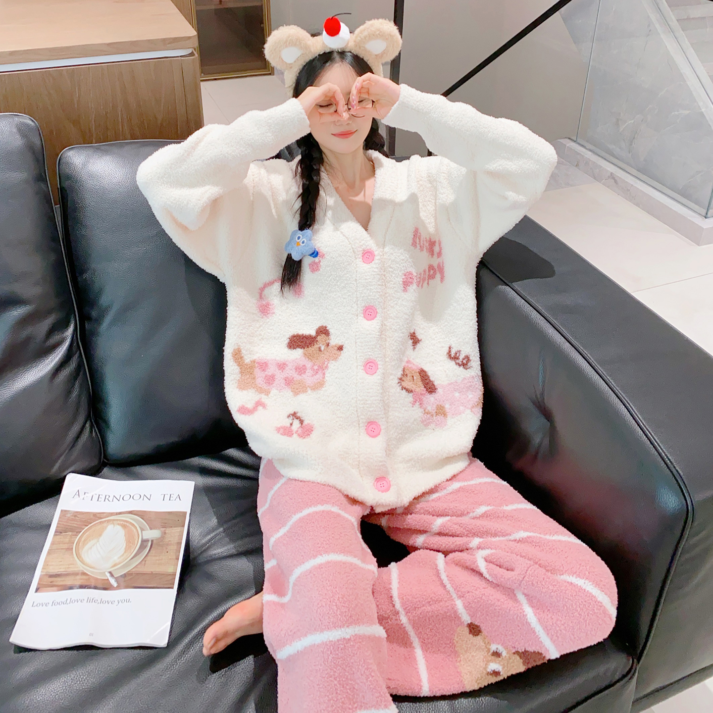 加厚半边绒睡衣女冬季开衫款