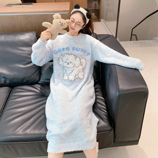半边绒加长睡裙加厚加绒冬季睡衣女甜美休闲软绵绵家居服保暖睡裙