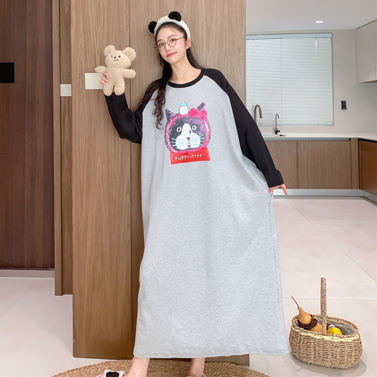 插肩小猫加长款睡裙秋冬磨毛棉