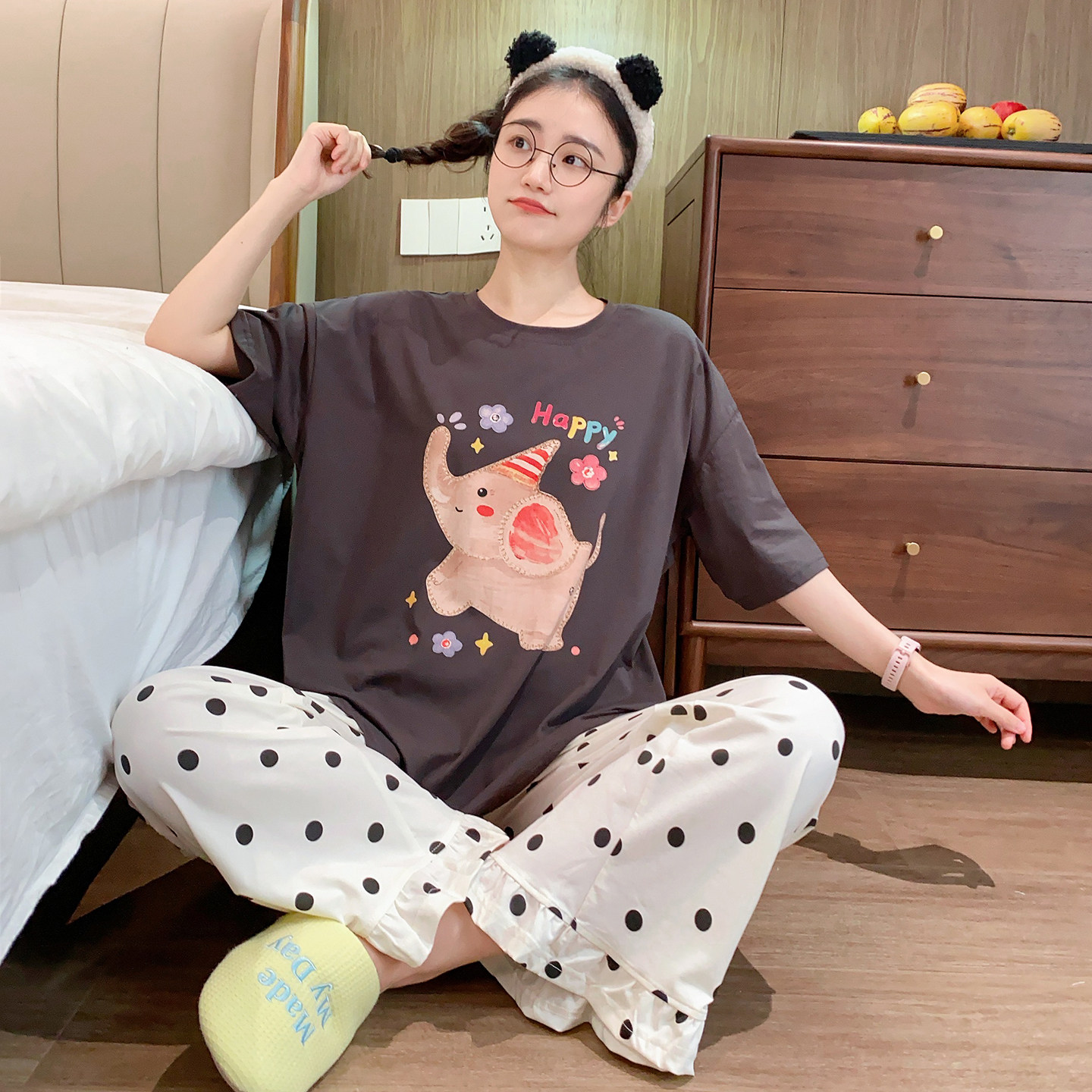 可爱小象短袖长裤睡衣女纯棉宽松休闲可外穿韩版家居服夏季ins风