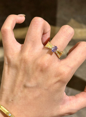 S925纯银法式轻奢紫钻蝴蝶结戒指