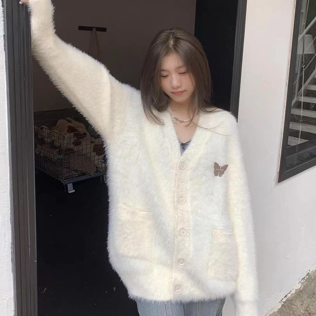 慵懒风学生软糯宽松白色开衫毛衣女2023秋冬韩版学院风针织外套女